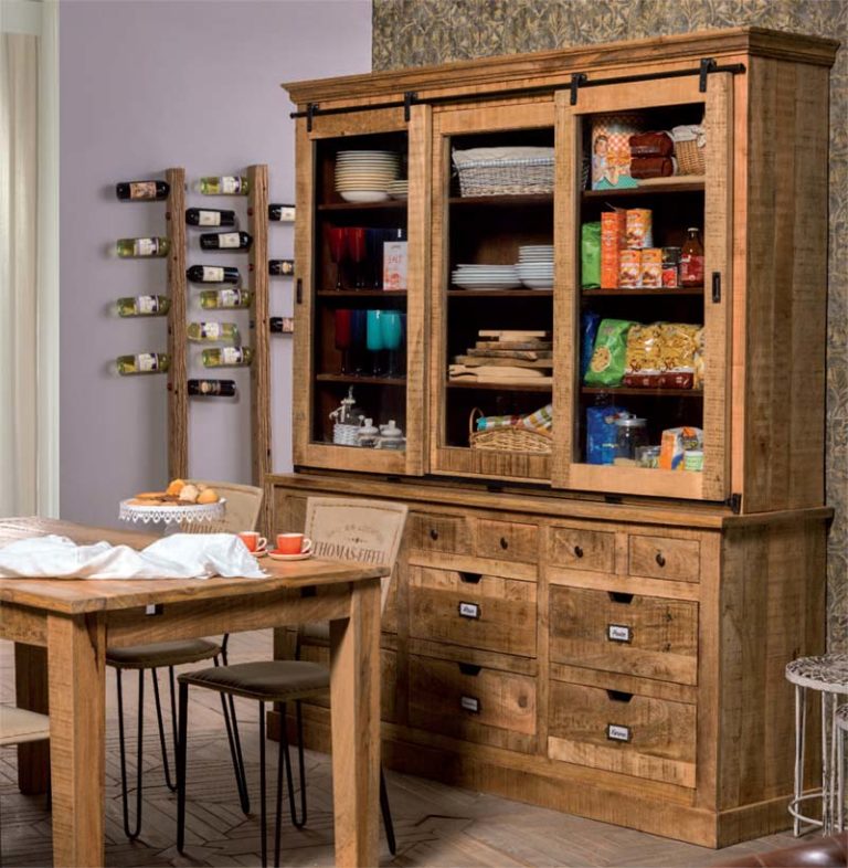 Credenza alta in legno doppio corpo ante scorrevoli stile industrial