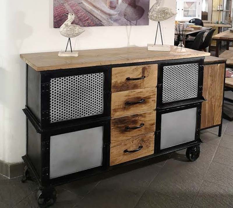 Credenza teak e ferro con ruote 4 cassetti 4 ante