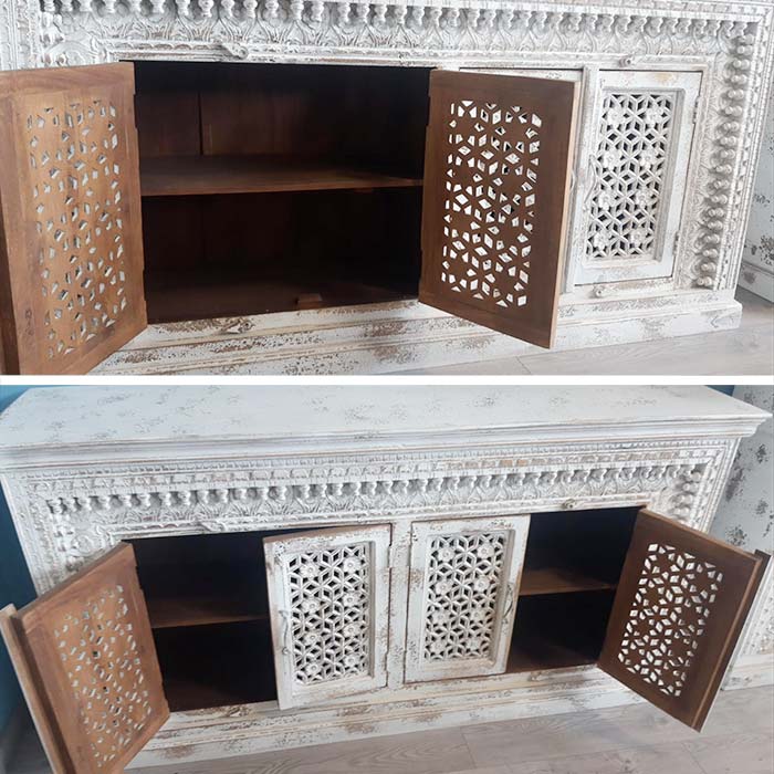 Credenza etnica bianca legno intarsiato prezzo outlet on line